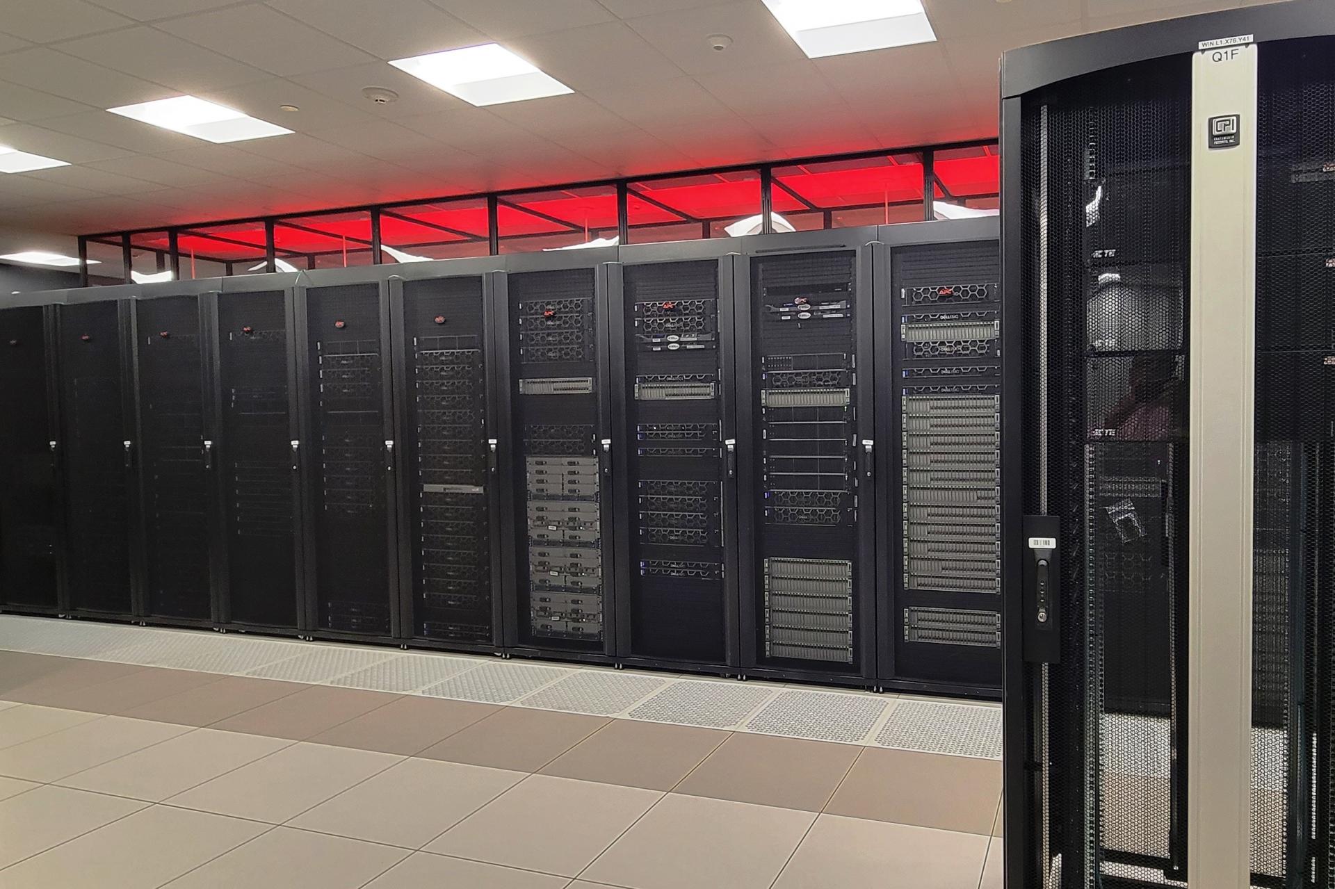 The PODs include hot aisle containment with above cabinet clerestory and end-of-aisle sliding doors